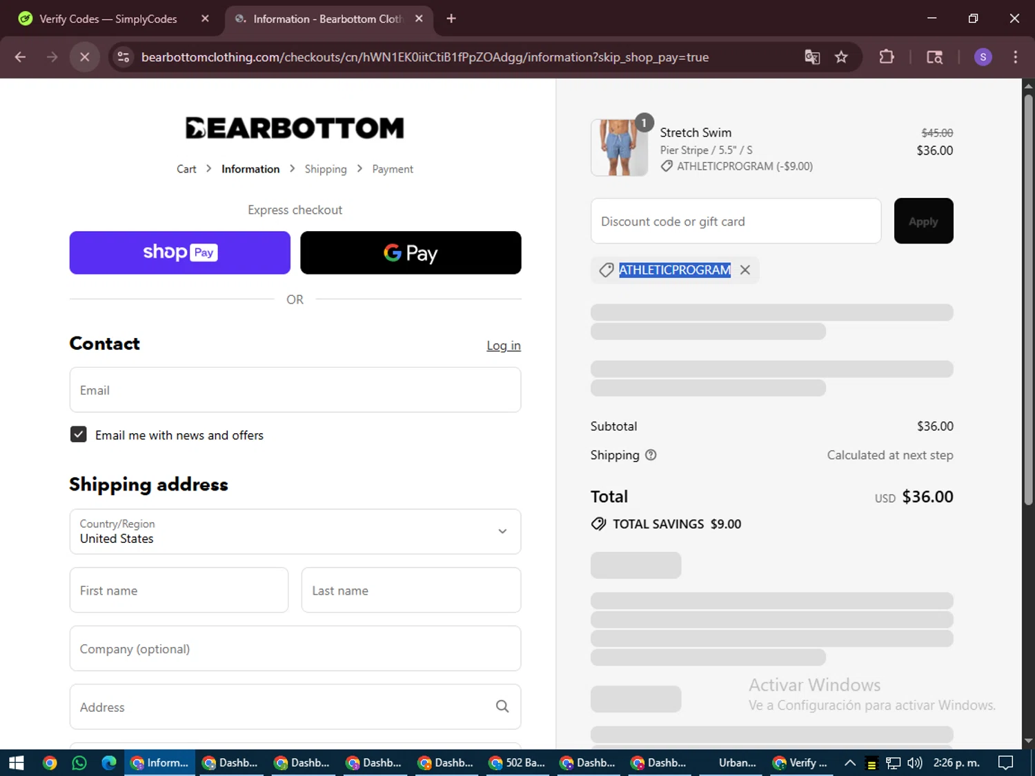 Bearbottom Clothing discount code screenshot showing code ATHLETICPROGRAM applied at Bearbottom Clothing checkout page. Uploaded by SimplyCodes community member LuckyVoyager688 on Jul 30, 2025
