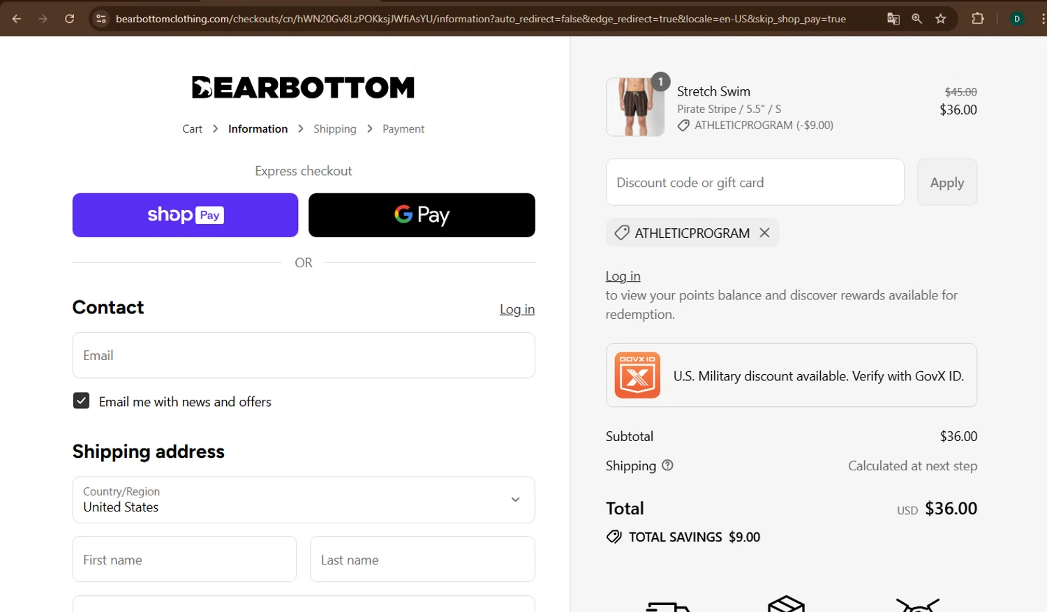 Bearbottom Clothing discount code screenshot showing code ATHLETICPROGRAM applied at Bearbottom Clothing checkout page. Uploaded by SimplyCodes community member drevin007 on Aug 20, 2025
