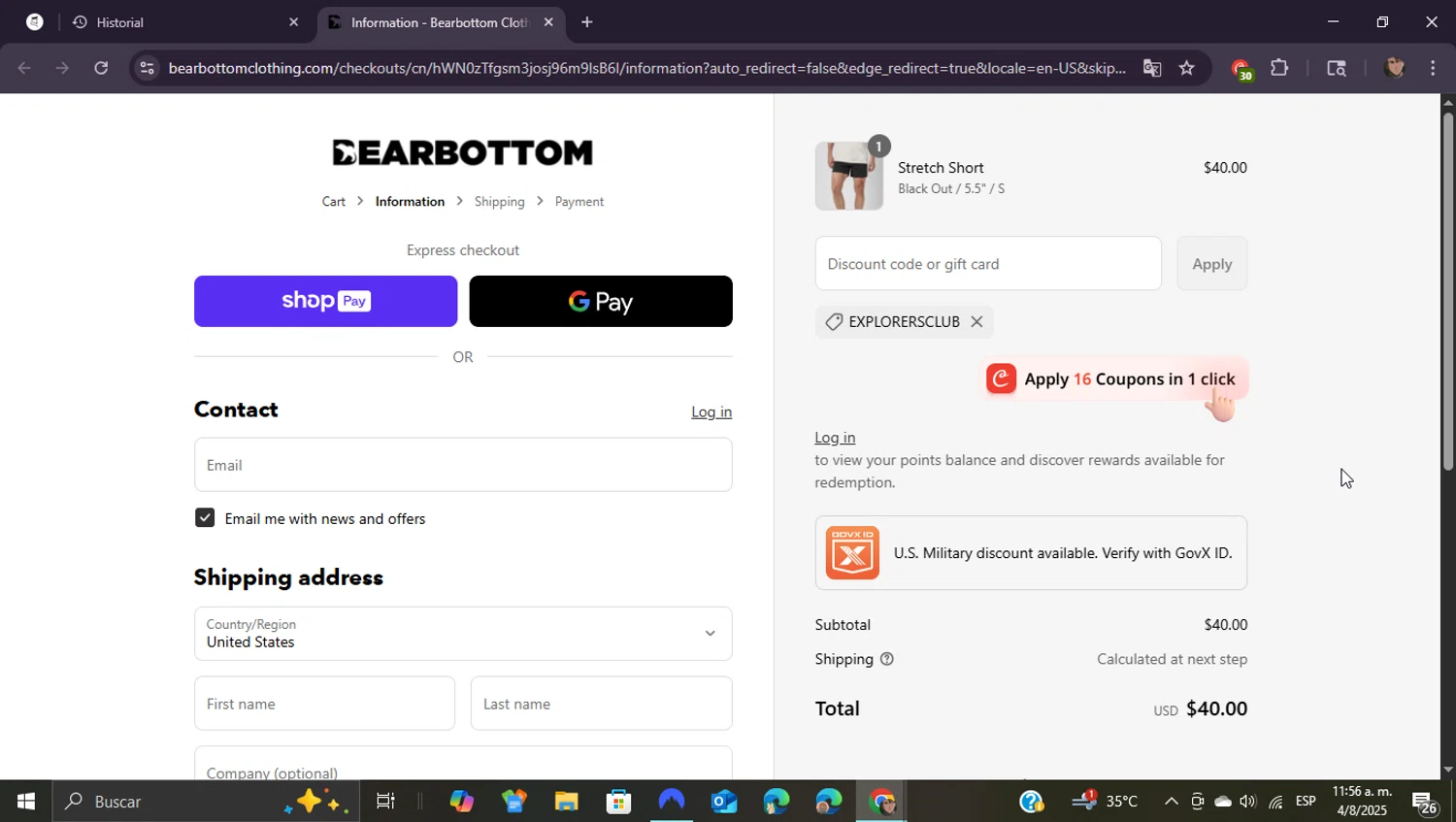 Bearbottom Clothing discount code screenshot showing code EXPLORERSCLUB applied at Bearbottom Clothing checkout page. Uploaded by SimplyCodes community member ShieldEagle9436 on Aug 4, 2025