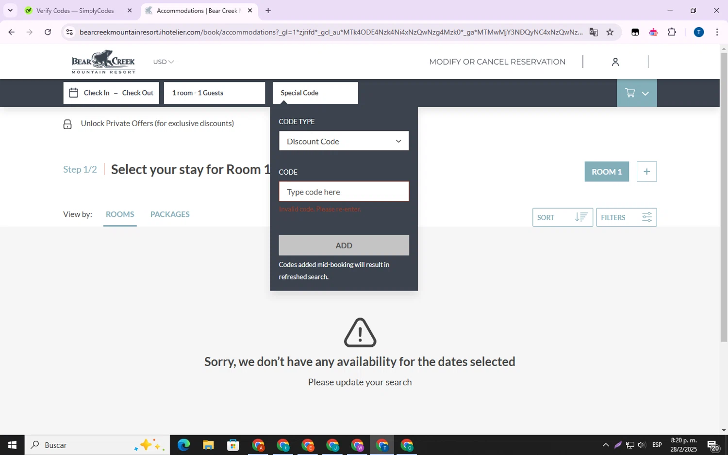 Bear Creek Resort promo code screenshot showing code WELCOME10 applied at Bear Creek Resort checkout page. Uploaded by SimplyCodes community member WonderVirtuoso7677 on Mar 1, 2025