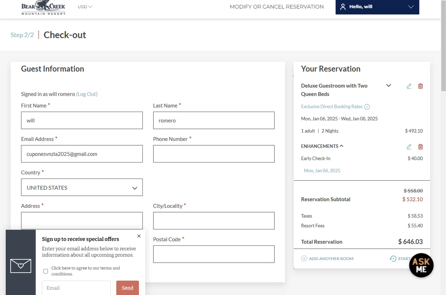 Bear Creek Resort checkout page showing Bear Creek Resort promo code box | Screenshot taken by SimplyCodes community member on Jan 3, 2025