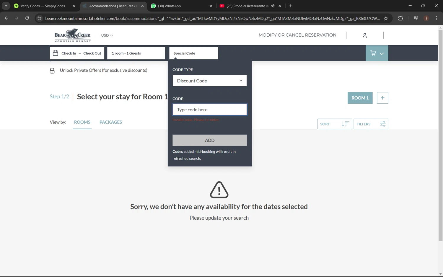 Bear Creek Resort promo code screenshot showing code WELCOME10 applied at Bear Creek Resort checkout page. Uploaded by SimplyCodes community member juanx1702 on Mar 1, 2025