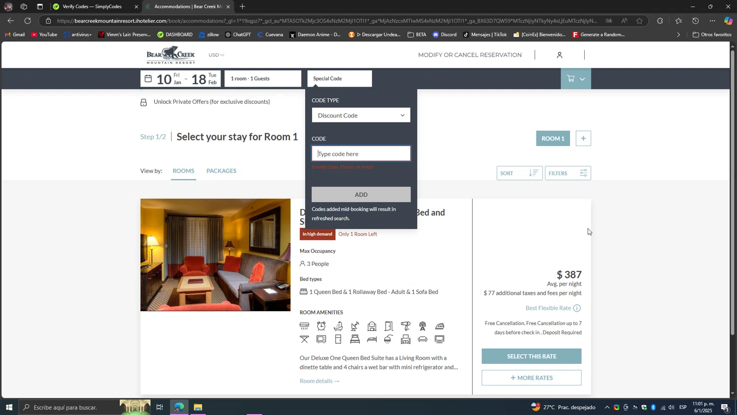 Bear Creek Resort promo code screenshot showing code LOVE20 applied at Bear Creek Resort checkout page. Uploaded by SimplyCodes community member SavvyScholar7013 on Jan 7, 2025