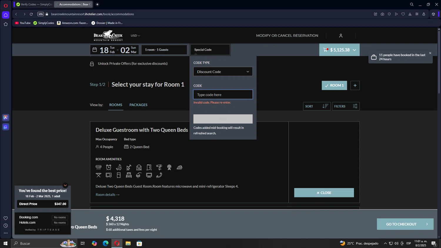 Bear Creek Resort promo code screenshot showing code extra15 applied at Bear Creek Resort checkout page. Uploaded by SimplyCodes community member Gojira on Feb 8, 2025