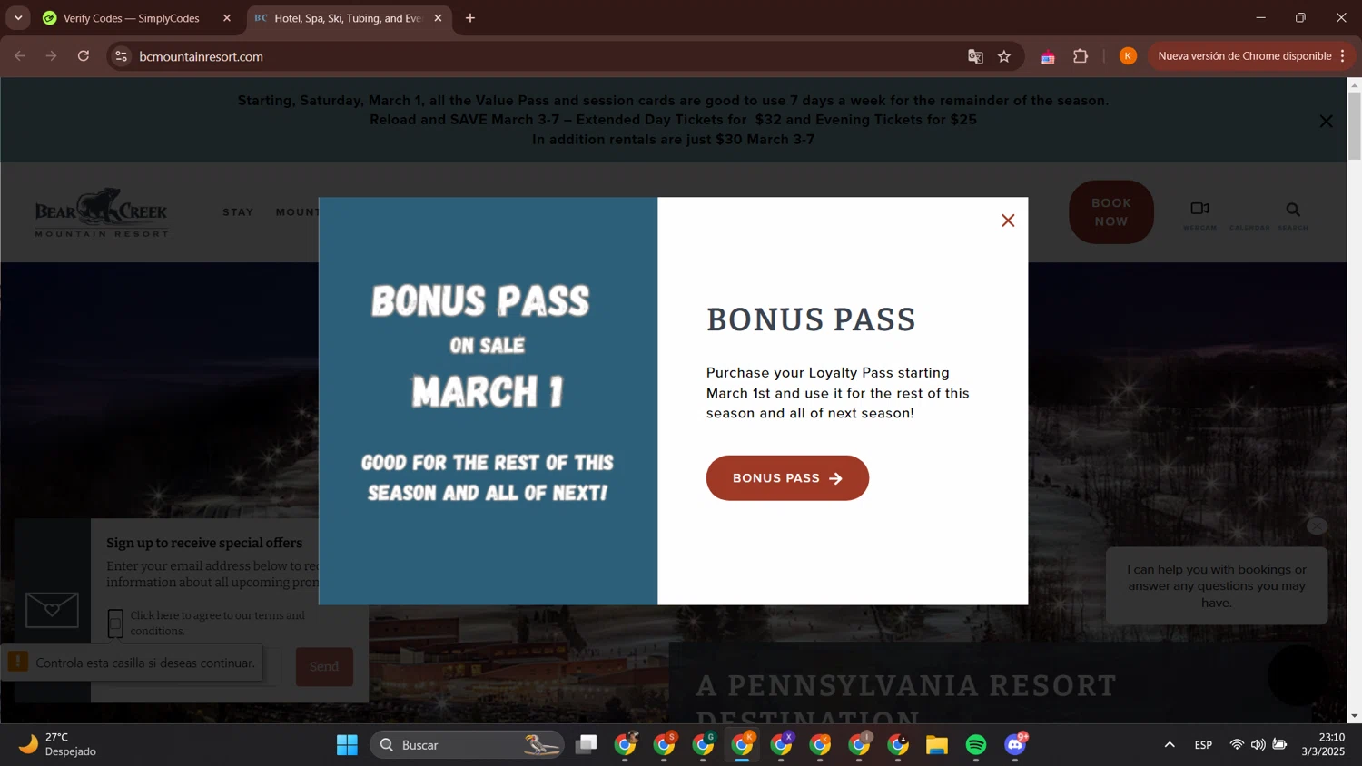 Bear Creek Resort promo code screenshot showing code extra15 applied at Bear Creek Resort checkout page. Uploaded by SimplyCodes community member BonusCurator3058 on Mar 4, 2025