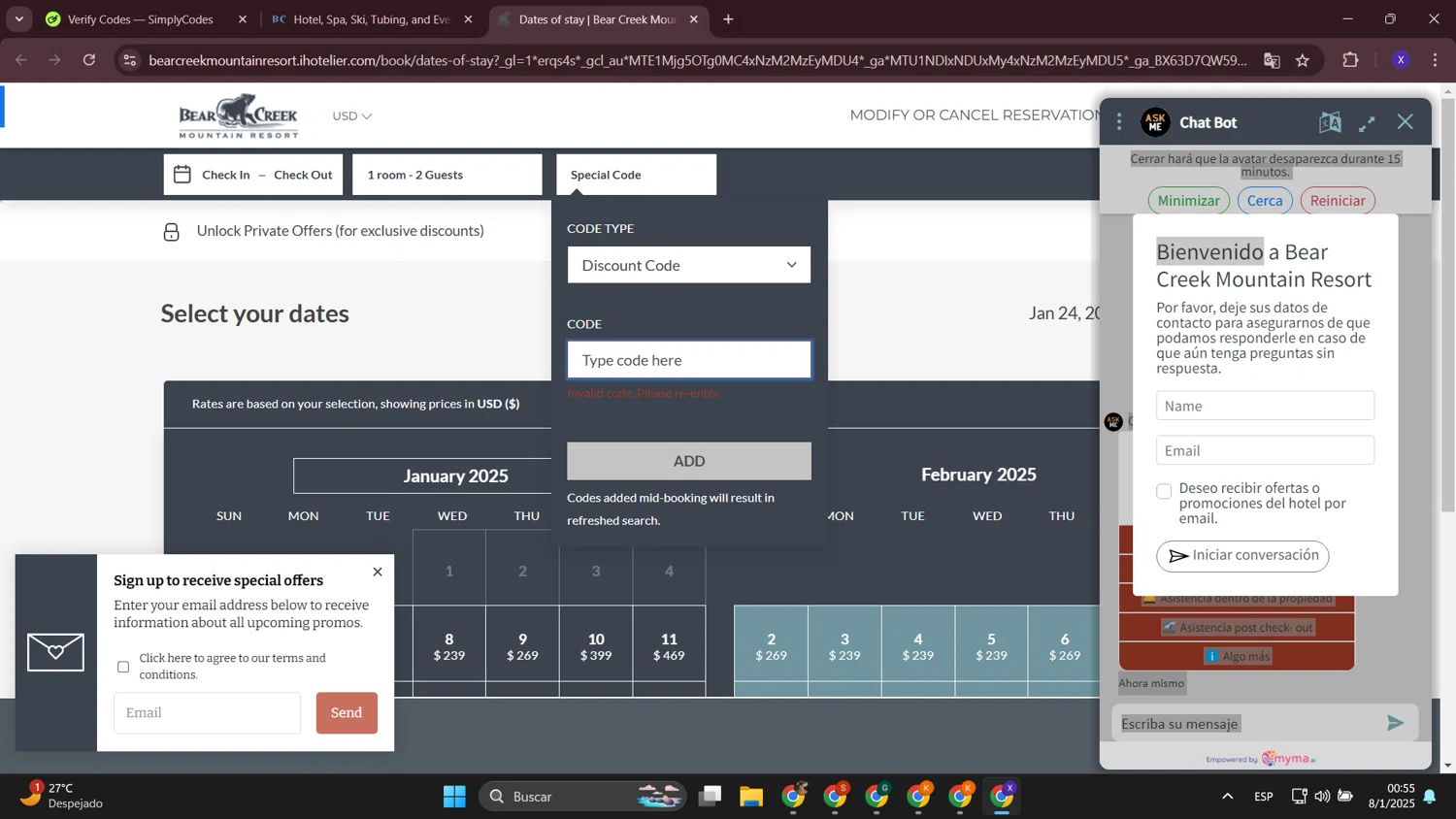 Bear Creek Resort promo code screenshot showing code bienvenido15 applied at Bear Creek Resort checkout page. Uploaded by SimplyCodes community member LewisHamilton on Jan 8, 2025