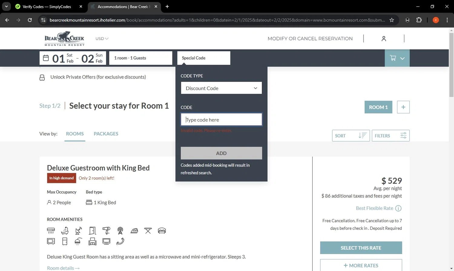Bear Creek Resort promo code screenshot showing code bienvenido15 applied at Bear Creek Resort checkout page. Uploaded by SimplyCodes community member acostaacosta on Feb 1, 2025
