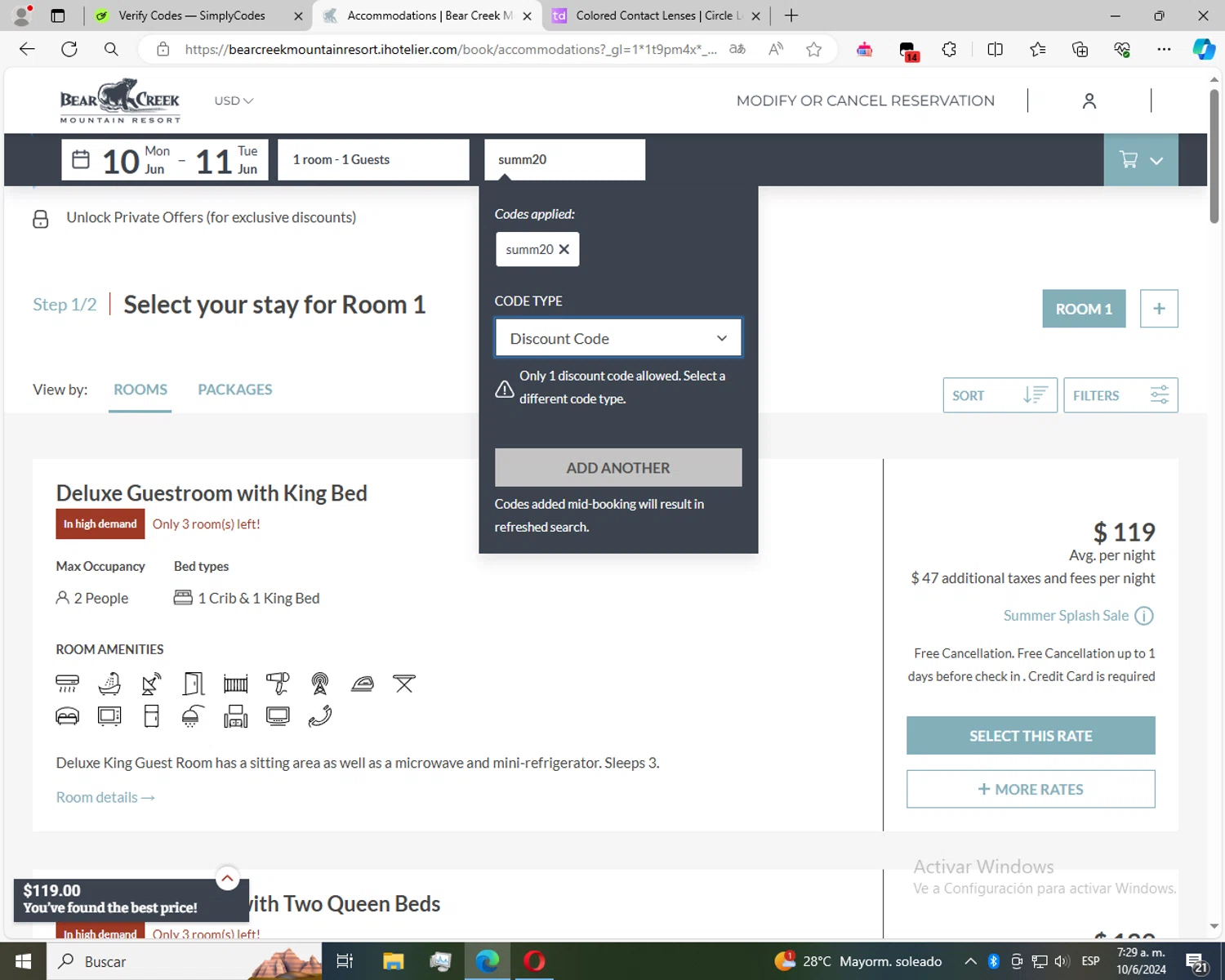 Bear Creek Resort checkout page showing Bear Creek Resort promo code box | Screenshot taken by SimplyCodes community member on Jun 10, 2024