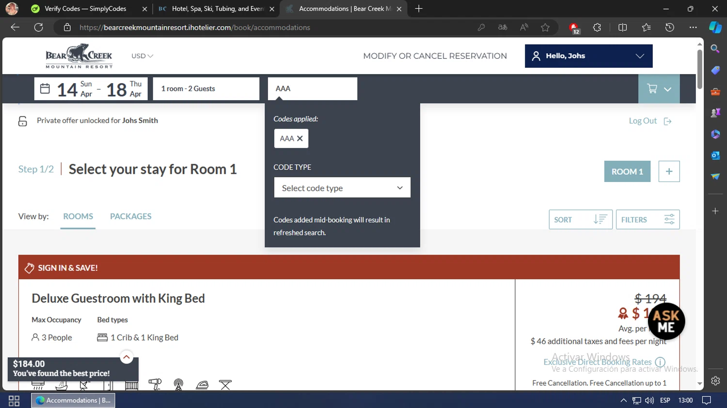 Bear Creek Resort checkout page showing Bear Creek Resort promo code box | Screenshot taken by SimplyCodes community member on Apr 6, 2024