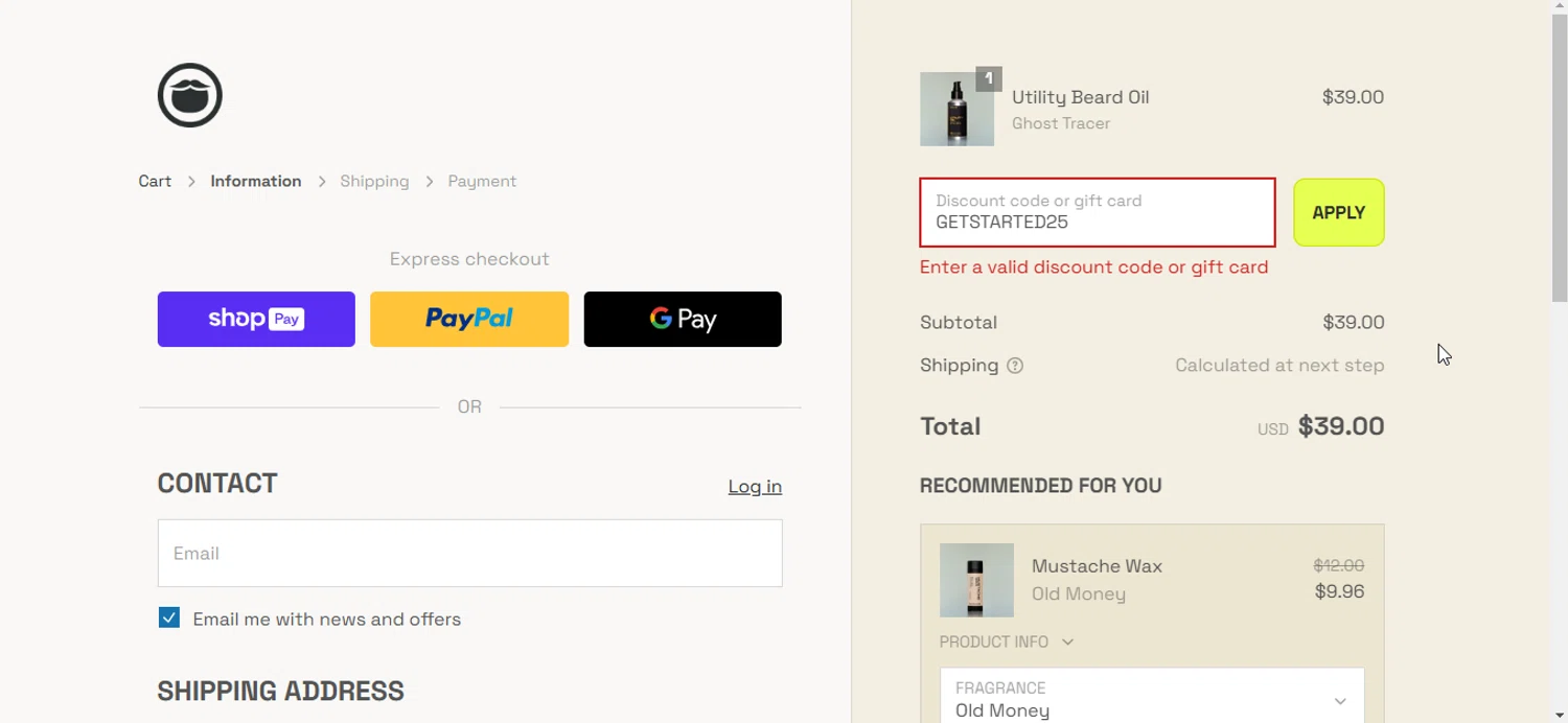 Beardbrand discount code screenshot showing code GETSTARTED25 applied at Beardbrand checkout page. Uploaded by SimplyCodes community member emejota on Mar 3, 2025