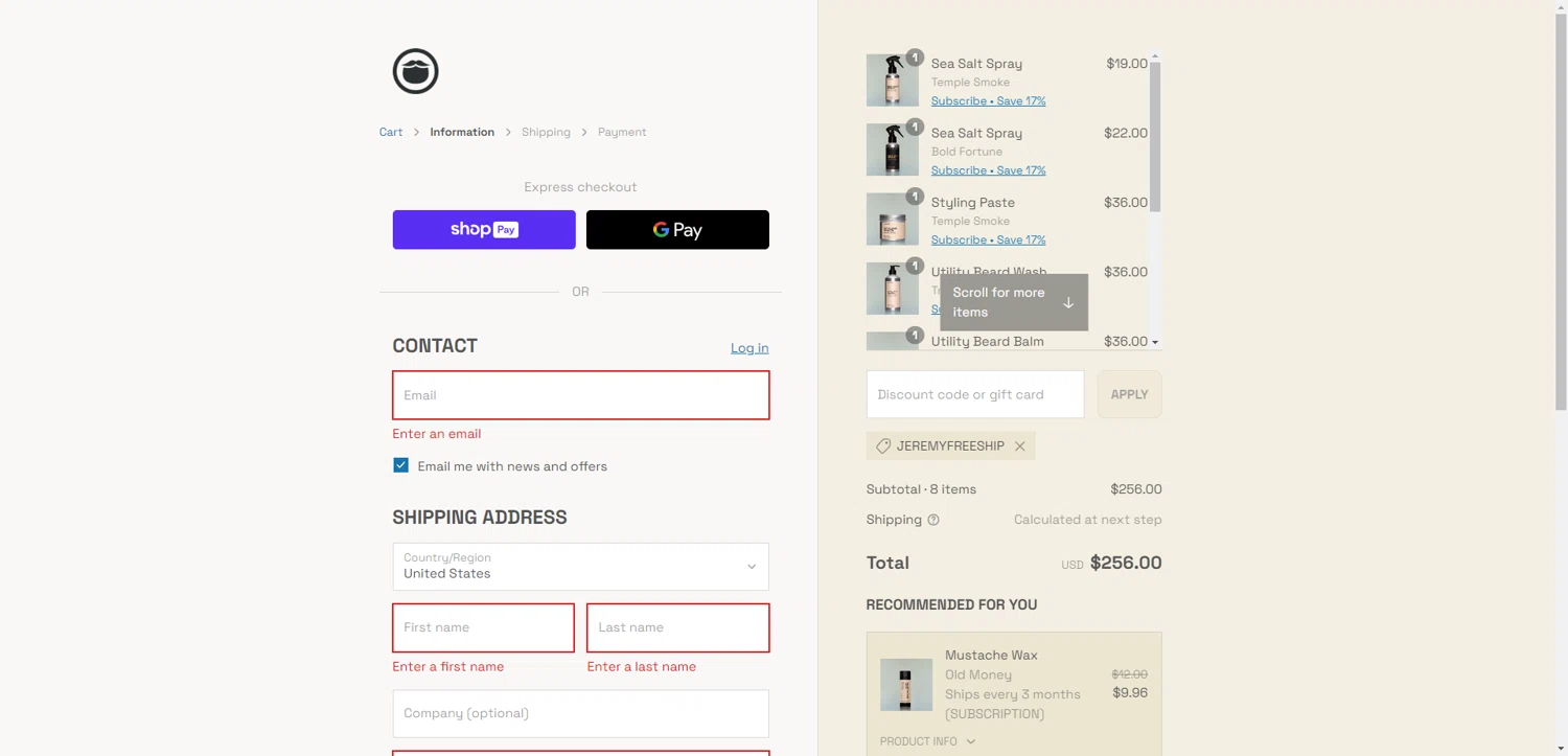 Beardbrand discount code screenshot showing code JEREMYFREESHIP applied at Beardbrand checkout page. Uploaded by SimplyCodes community member CleverHawk1744 on Jul 17, 2025