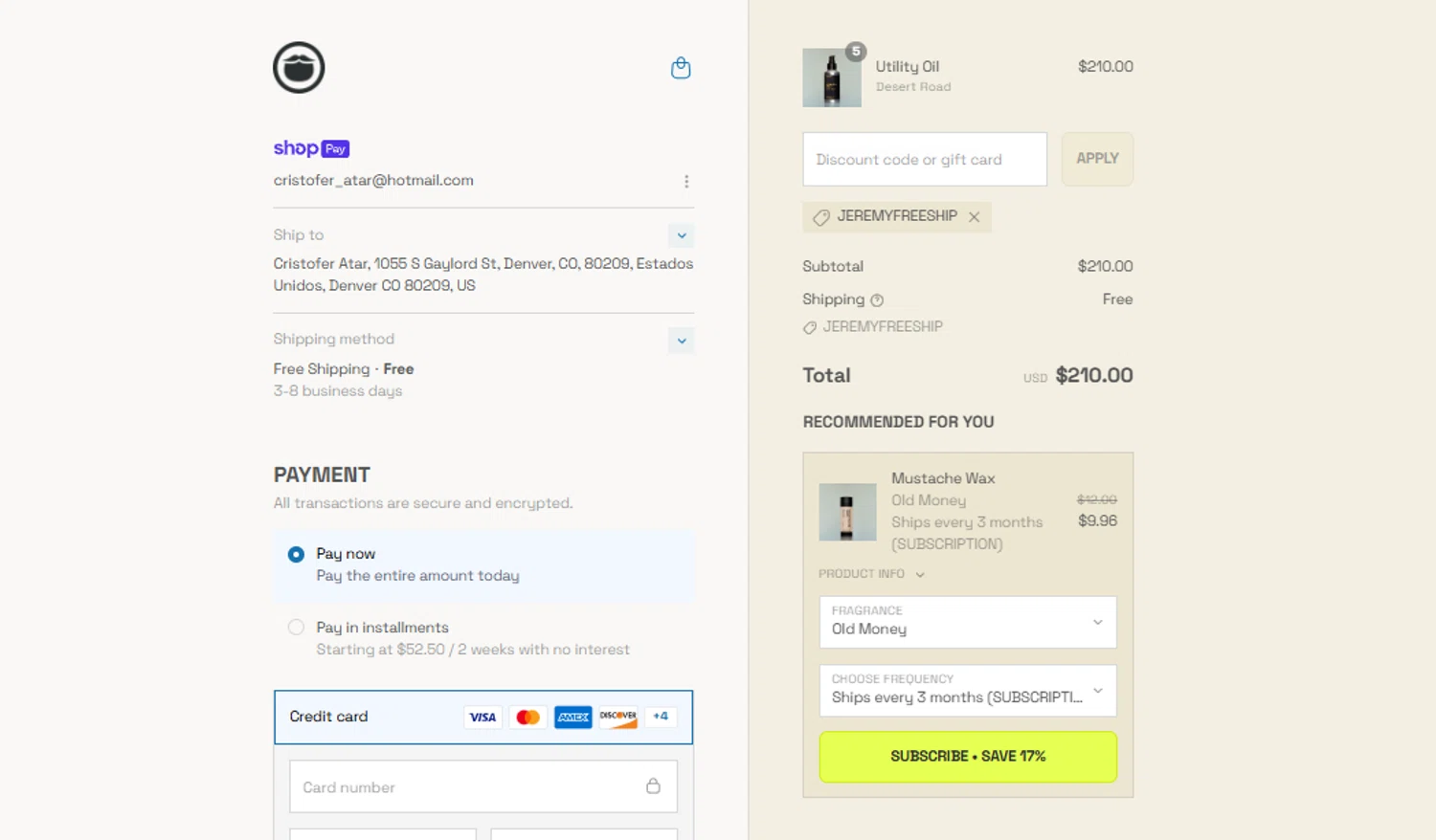 Beardbrand discount code screenshot showing code JEREMYFREESHIP applied at Beardbrand checkout page. Uploaded by SimplyCodes community member DavGutFig on Jul 17, 2025