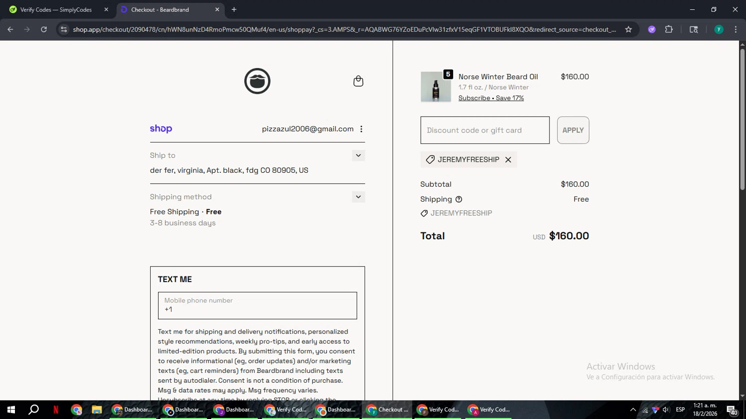 Beardbrand checkout page showing Beardbrand discount code box | Screenshot taken by SimplyCodes community member on Feb 18, 2026