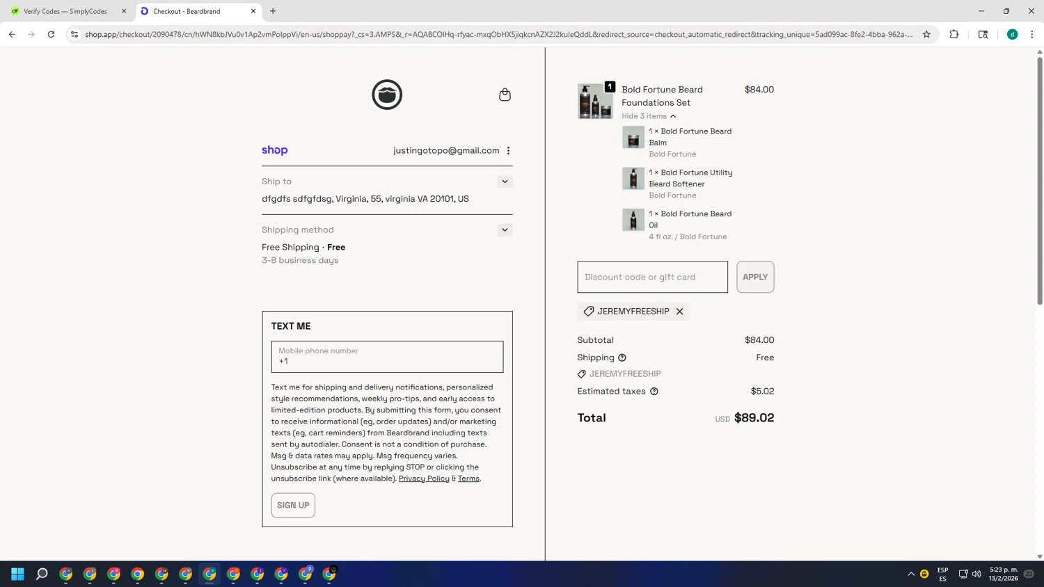 Beardbrand checkout page showing Beardbrand discount code box | Screenshot taken by SimplyCodes community member on Feb 13, 2026