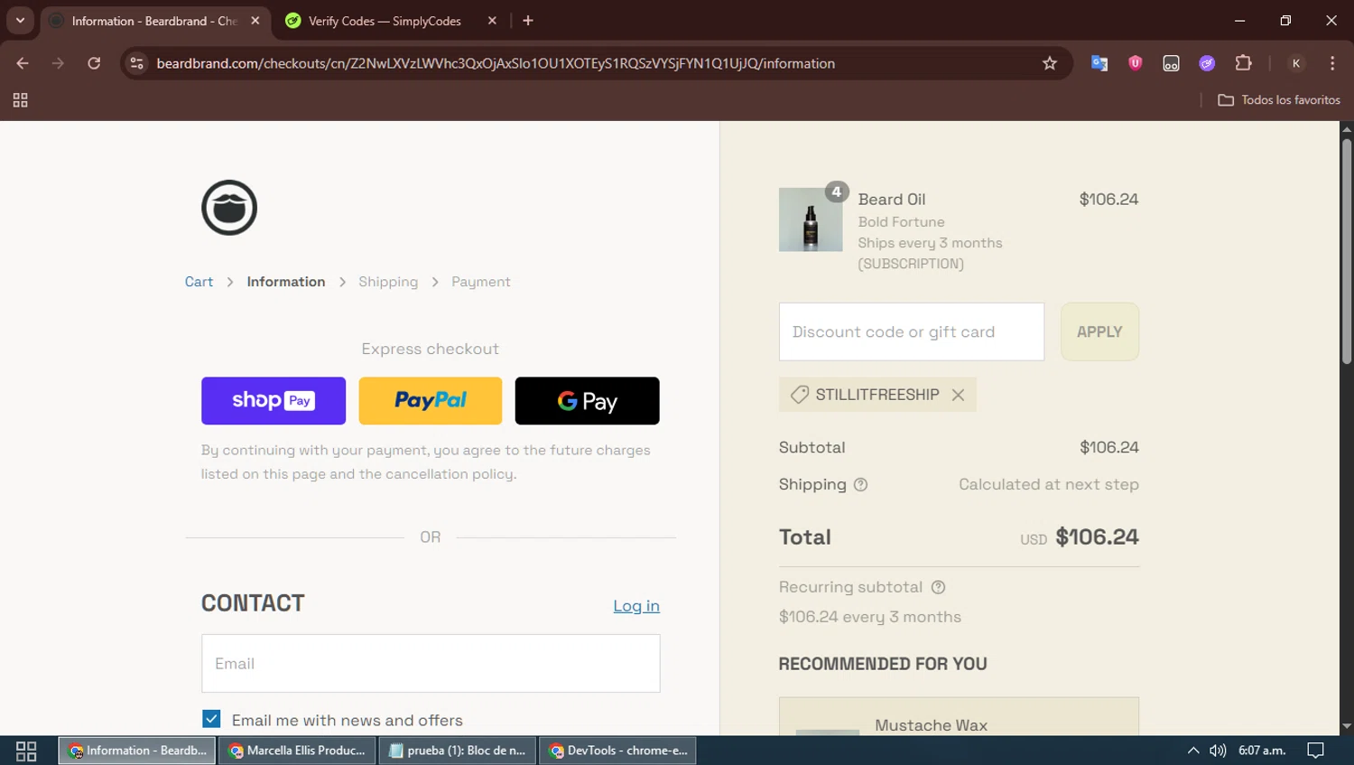 Beardbrand discount code screenshot showing code STILLITFREESHIP applied at Beardbrand checkout page. Uploaded by SimplyCodes community member SavingsBoss991 on Jul 2, 2025