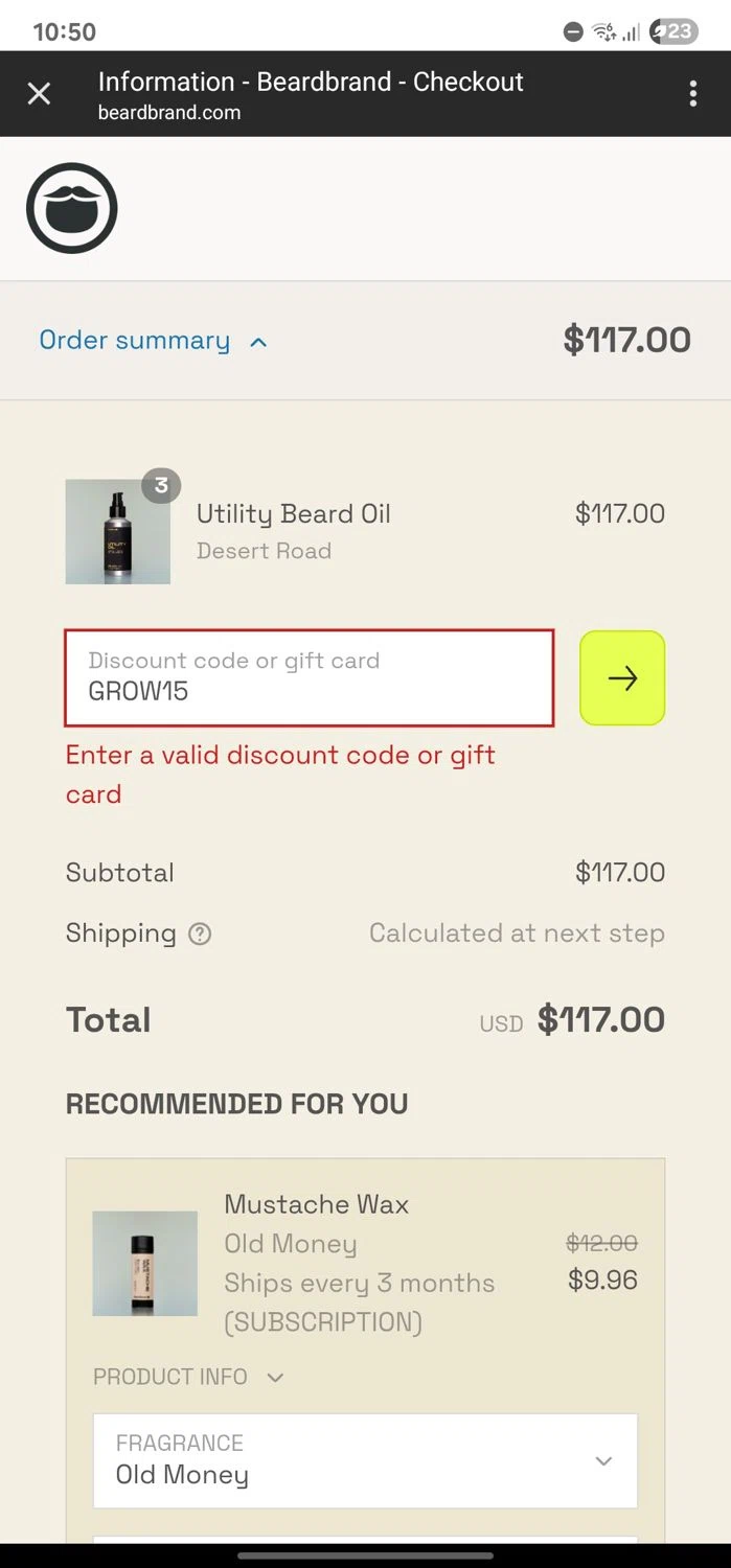 Beardbrand discount code screenshot showing code GROW15 applied at Beardbrand checkout page. Uploaded by SimplyCodes community member FortunateLynx2589 on Jun 16, 2025