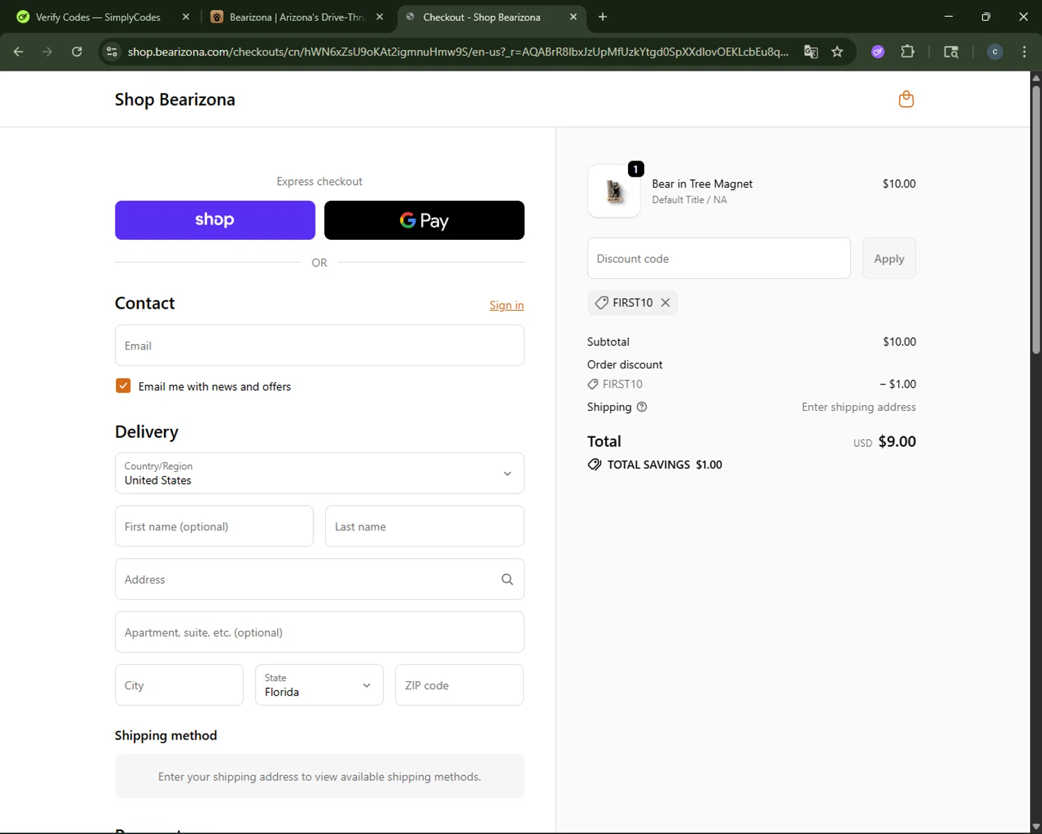 Bearizona promo code screenshot showing code FIRST10 applied at Bearizona checkout page. Uploaded by SimplyCodes community member CouponAce2971 on Dec 28, 2025