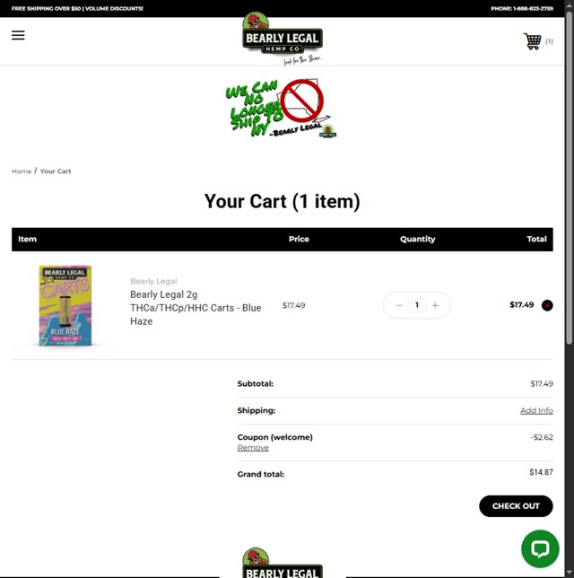 Bearly Legal Hemp checkout page showing Bearly Legal Hemp promo code box | Screenshot taken by SimplyCodes community member on Aug 12, 2025