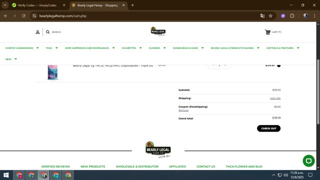 Bearly Legal Hemp checkout page showing Bearly Legal Hemp promo code box | Screenshot taken by SimplyCodes community member on Aug 12, 2025