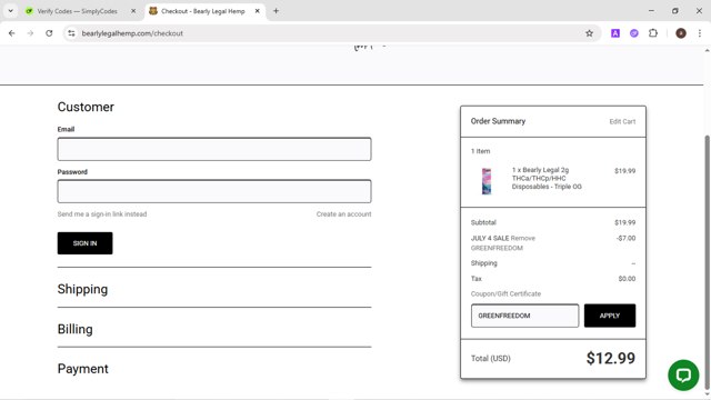 Bearly Legal Hemp checkout page showing Bearly Legal Hemp promo code box | Screenshot taken by SimplyCodes community member on Jul 1, 2025