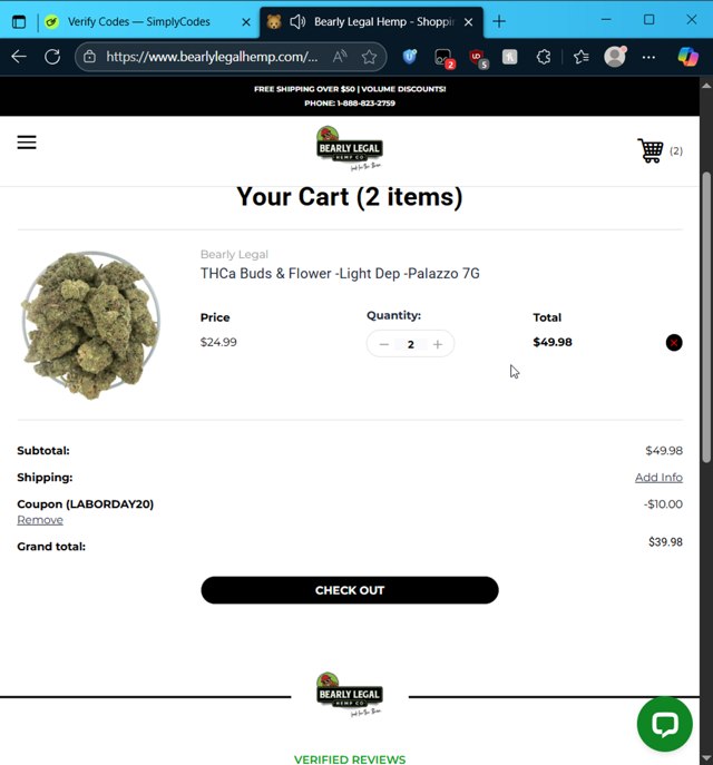 Bearly Legal Hemp checkout page showing Bearly Legal Hemp promo code box | Screenshot taken by SimplyCodes community member on Aug 29, 2025