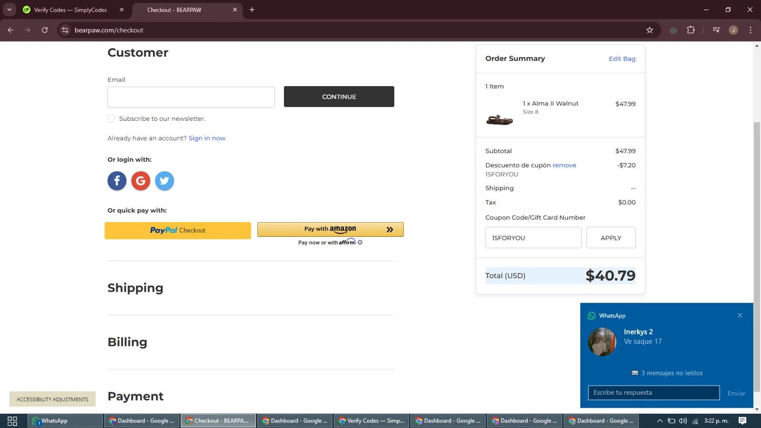 BEARPAW coupon code screenshot showing code 15FORYOU applied at BEARPAW checkout page. Uploaded by SimplyCodes community member ShrewdAdmiral5920 on Feb 10, 2025