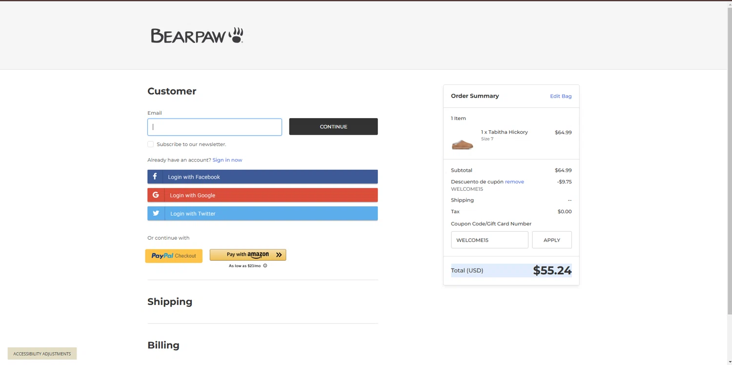 BEARPAW coupon code screenshot showing code WELCOME15 applied at BEARPAW checkout page. Uploaded by SimplyCodes community member Underaiki on Jan 20, 2025