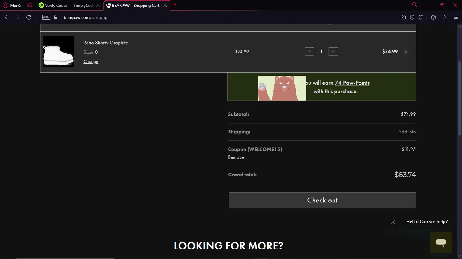 BEARPAW coupon code screenshot showing code WELCOME15 applied at BEARPAW checkout page. Uploaded by SimplyCodes community member GoldPro6514 on Jan 20, 2025