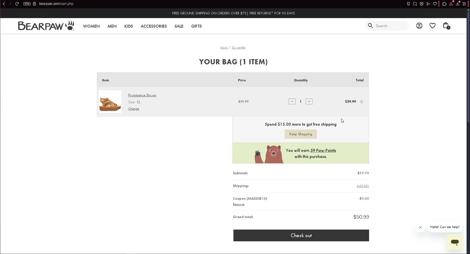 BEARPAW coupon code screenshot showing code MADDIE15 applied at BEARPAW checkout page. Uploaded by SimplyCodes community member leonardjose on May 11, 2025