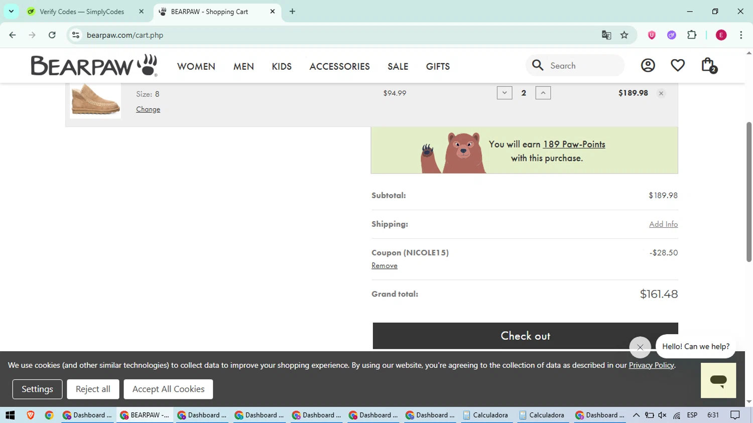 BEARPAW coupon code screenshot showing code Nicole15 applied at BEARPAW checkout page. Uploaded by SimplyCodes community member BrilliantWhiz4434 on Aug 2, 2025
