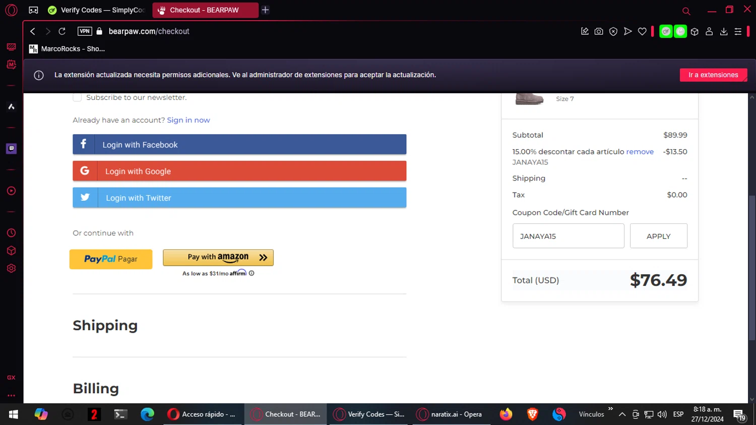 BEARPAW coupon code screenshot showing code JANAYA15 applied at BEARPAW checkout page. Uploaded by SimplyCodes community member ALCUPONE on Dec 27, 2024