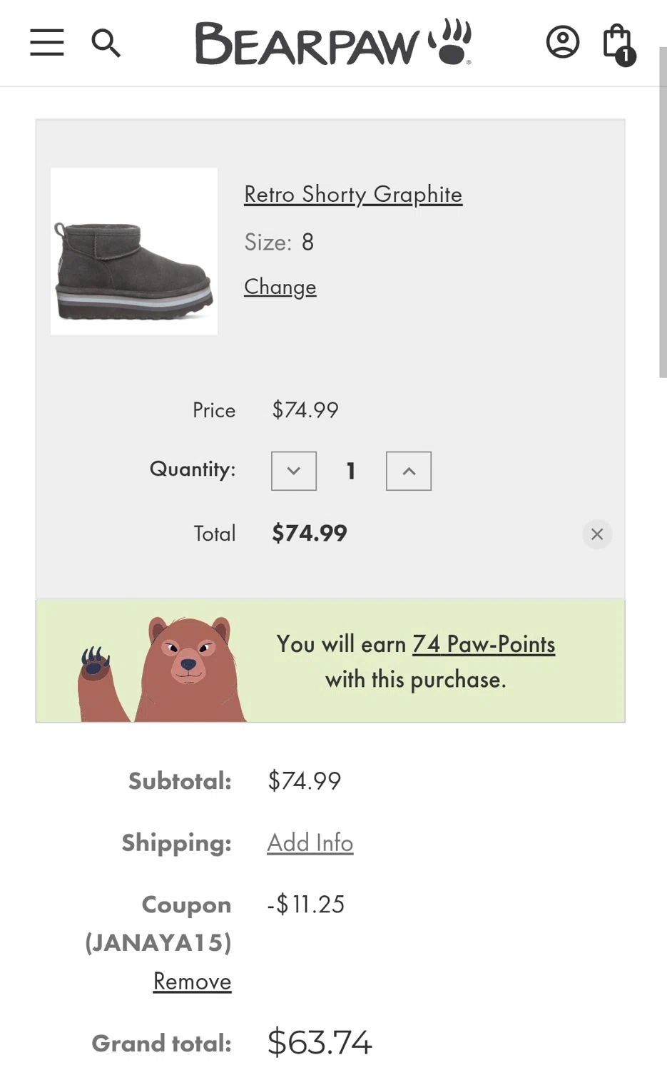 BEARPAW coupon code screenshot showing code JANAYA15 applied at BEARPAW checkout page. Uploaded by SimplyCodes community member Kaylaytone on Feb 4, 2025