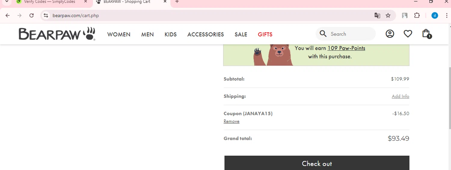 BEARPAW coupon code screenshot showing code JANAYA15 applied at BEARPAW checkout page. Uploaded by SimplyCodes community member GloriousWizard8260 on Jan 6, 2025