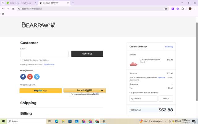 BEARPAW checkout page showing BEARPAW coupon code box | Screenshot taken by SimplyCodes community member on Sep 12, 2025