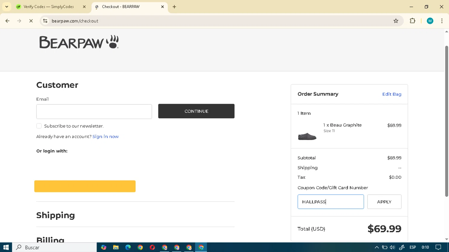 BEARPAW coupon code screenshot showing code HALLPASS applied at BEARPAW checkout page. Uploaded by SimplyCodes community member Micell on Aug 22, 2025