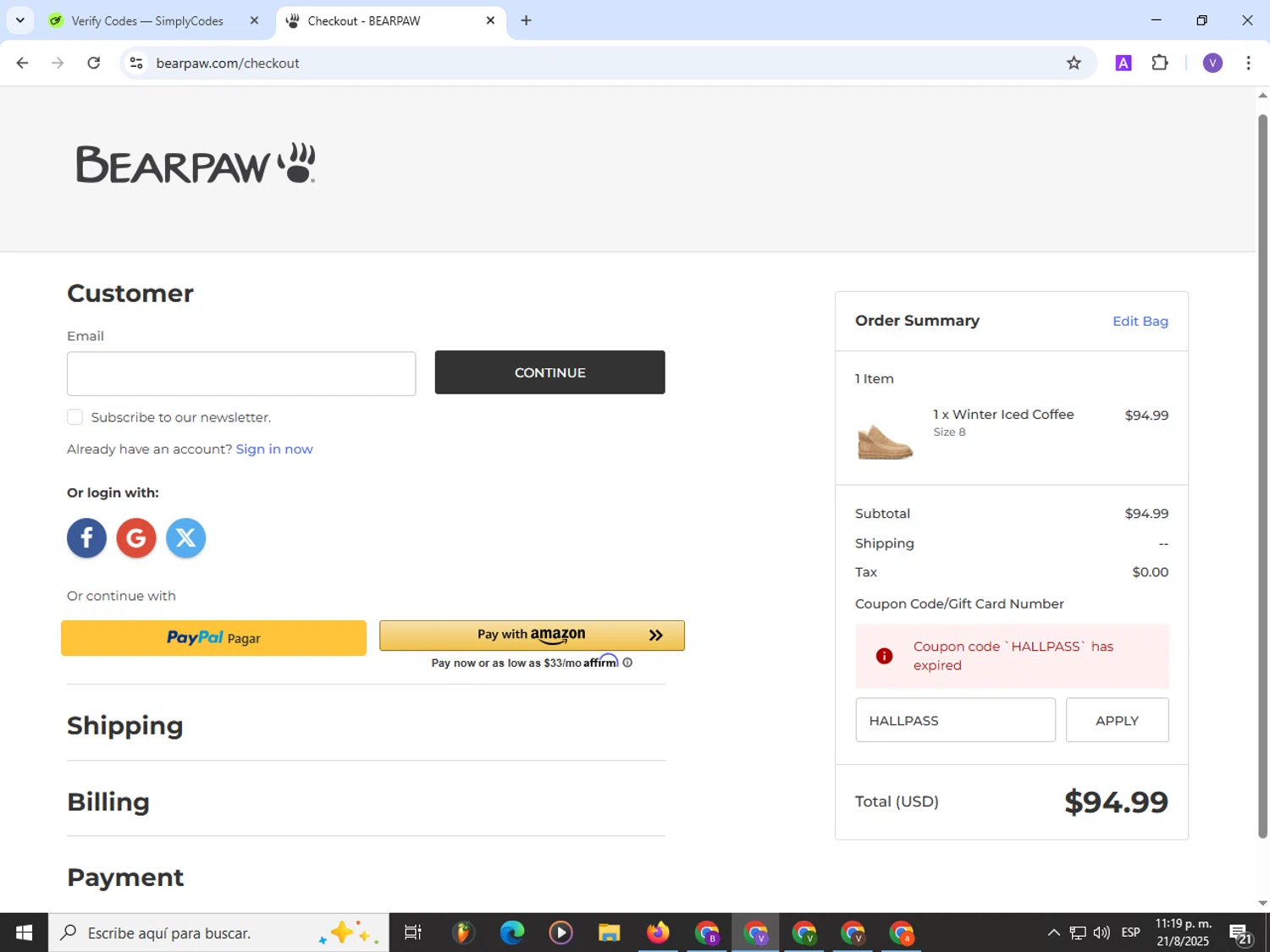 BEARPAW coupon code screenshot showing code HALLPASS applied at BEARPAW checkout page. Uploaded by SimplyCodes community member Satoru_gojo on Aug 22, 2025
