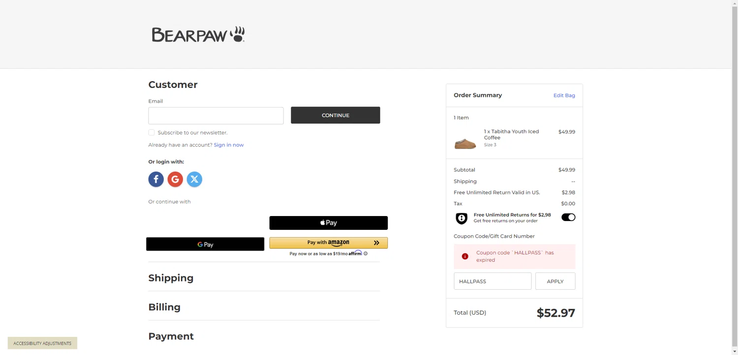 BEARPAW coupon code screenshot showing code HALLPASS applied at BEARPAW checkout page. Uploaded by SimplyCodes community member ThriftyPhoenix5129 on Aug 22, 2025