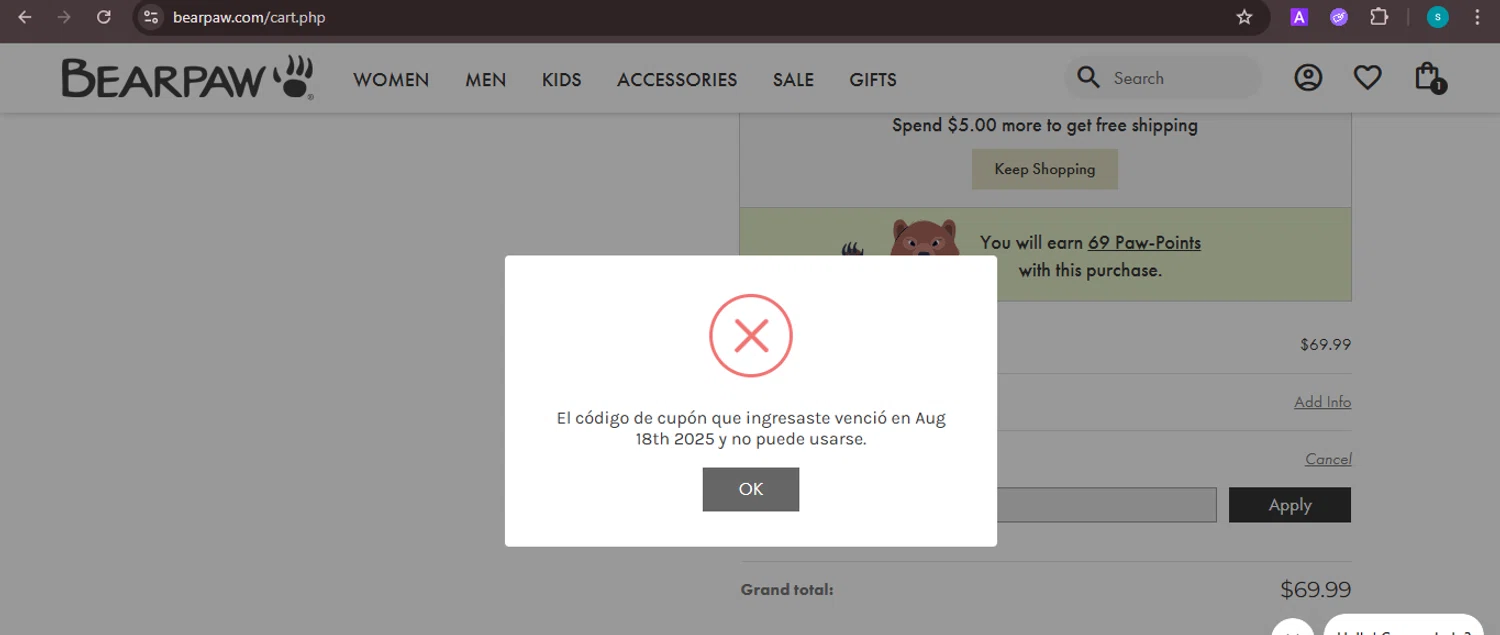 BEARPAW coupon code screenshot showing code HALLPASS applied at BEARPAW checkout page. Uploaded by SimplyCodes community member ValiantChaser7723 on Aug 22, 2025