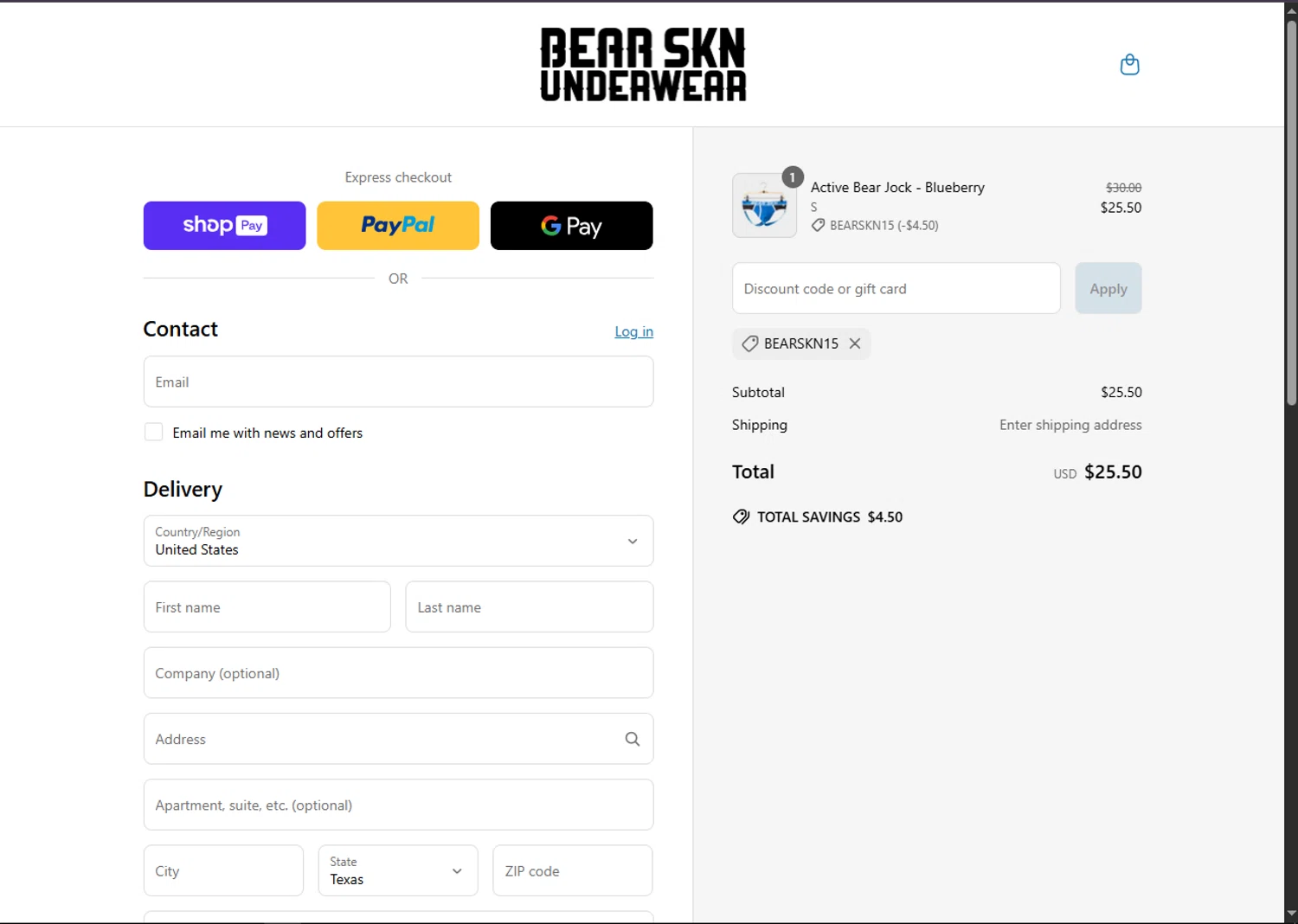 Bear Skn discount code screenshot showing code BEARSKN15 applied at Bear Skn checkout page. Uploaded by SimplyCodes community member SalePhoenix2220 on Jun 29, 2025