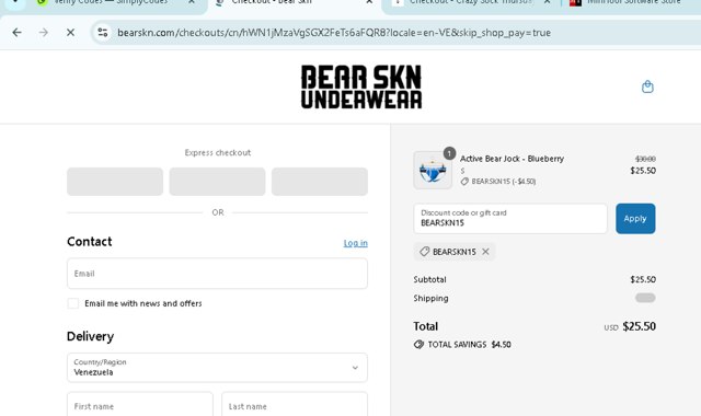 Bear Skn checkout page showing Bear Skn discount code box | Screenshot taken by SimplyCodes community member on Aug 12, 2025