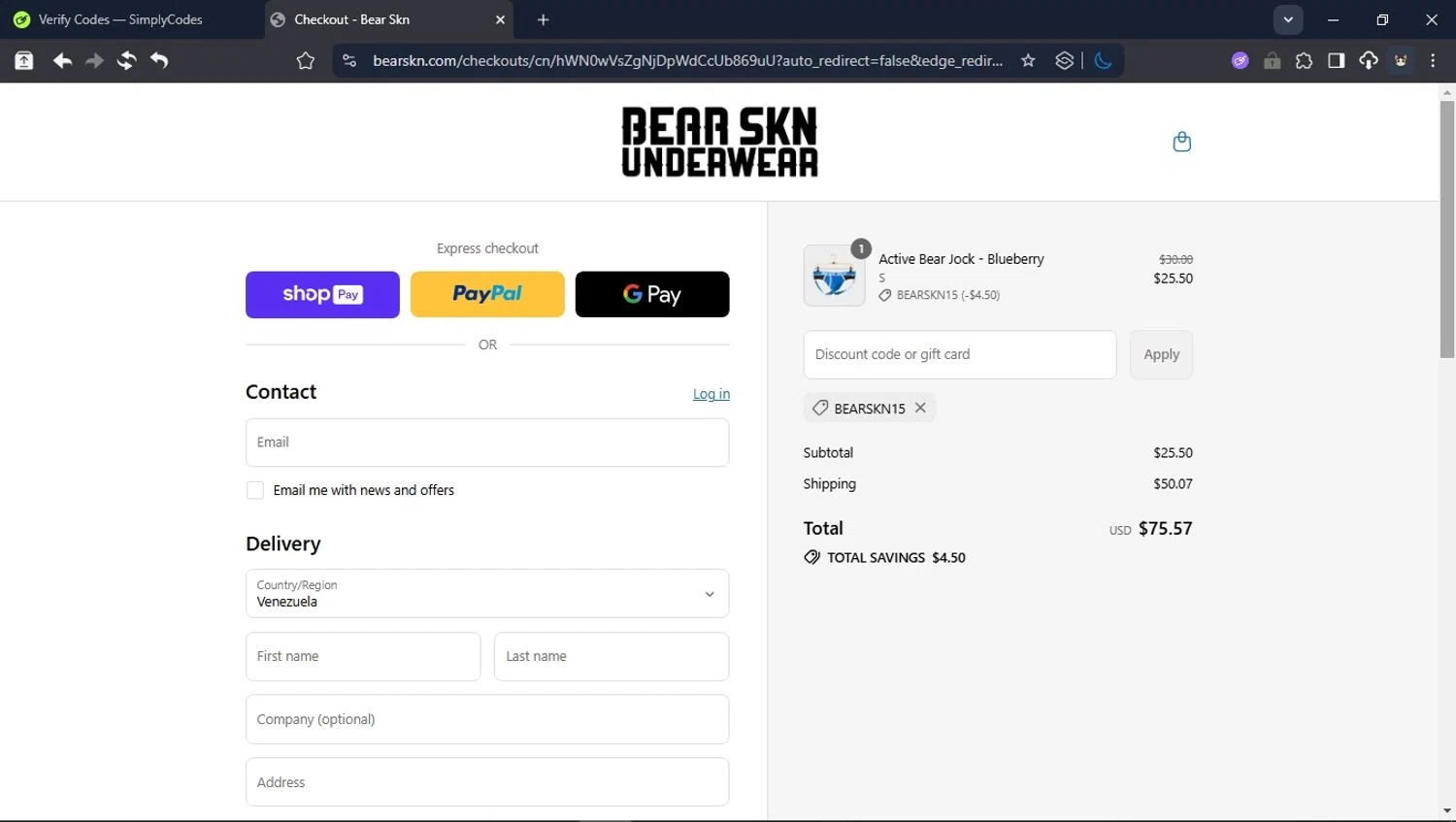 Bear Skn discount code screenshot showing code BEARSKN15 applied at Bear Skn checkout page. Uploaded by SimplyCodes community member User_Randon1 on Jul 23, 2025