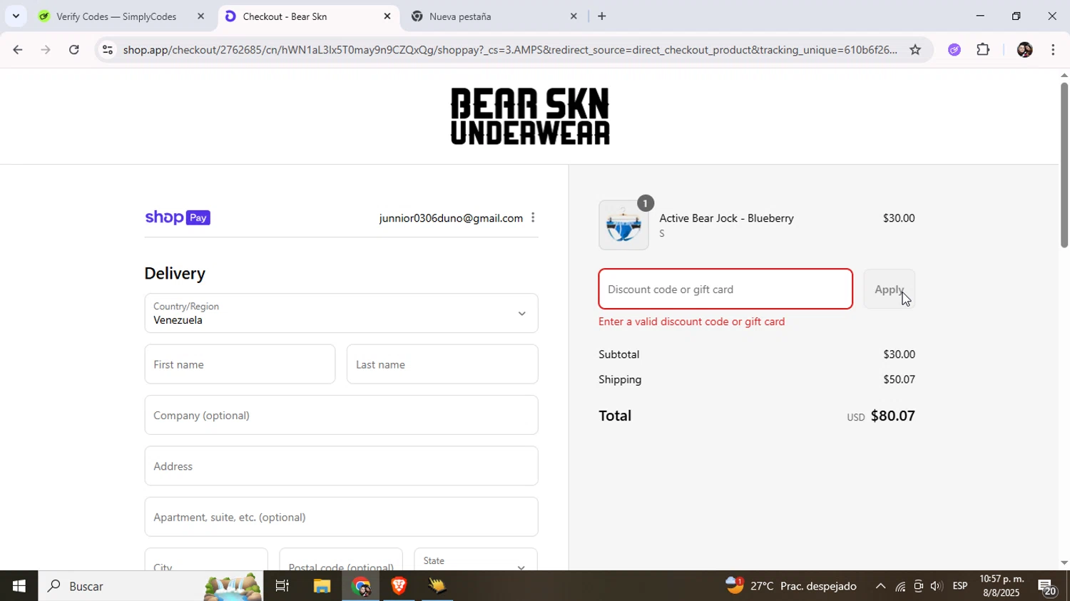Bear Skn discount code screenshot showing code SIMPLYCODES15 applied at Bear Skn checkout page. Uploaded by SimplyCodes community member Junniorduno on Aug 9, 2025