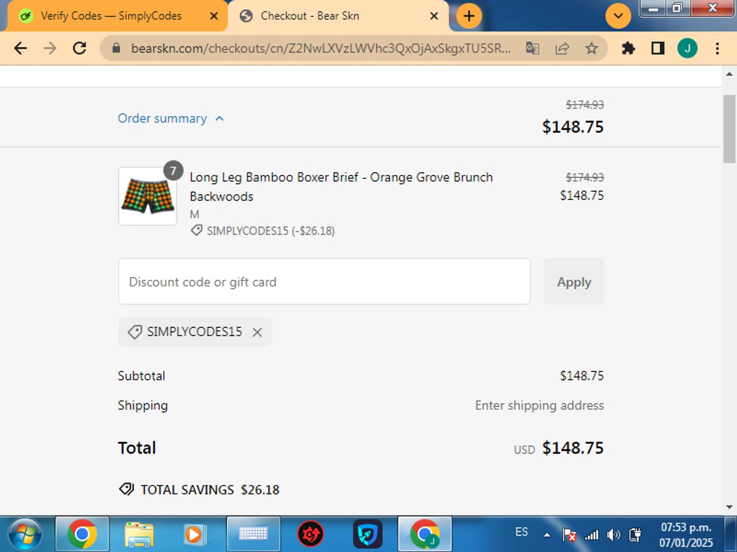 Bear Skn discount code screenshot showing code SIMPLYCODES15 applied at Bear Skn checkout page. Uploaded by SimplyCodes community member DealScout5970 on Jan 8, 2025