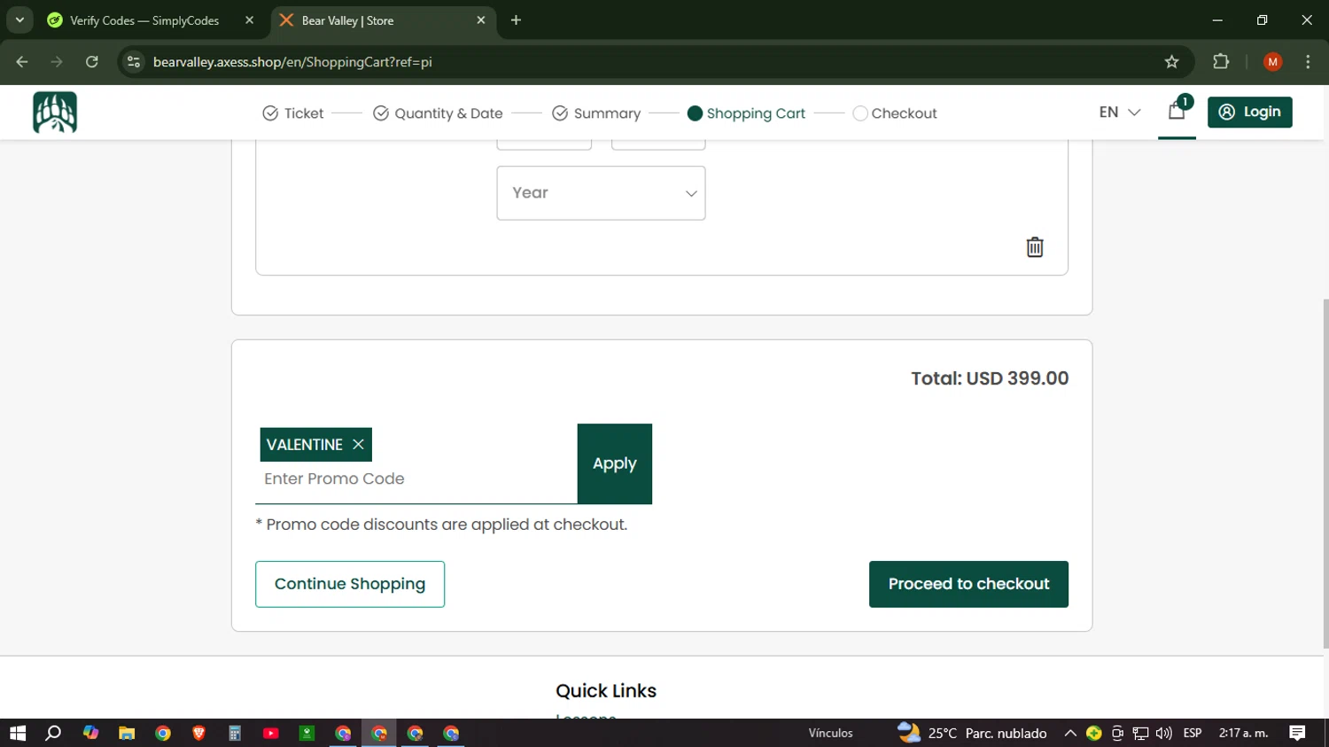Bear Valley Resort checkout page showing Bear Valley Resort promo code box | Screenshot taken by SimplyCodes community member on Dec 30, 2024