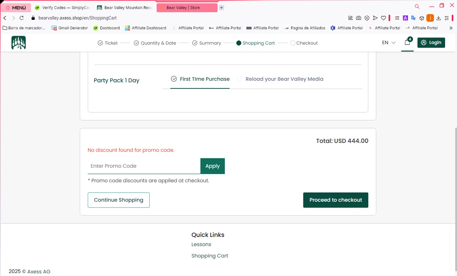 Bear Valley Resort promo code screenshot showing code VALENTINE applied at Bear Valley Resort checkout page. Uploaded by SimplyCodes community member WonderVirtuoso6294 on Feb 26, 2025