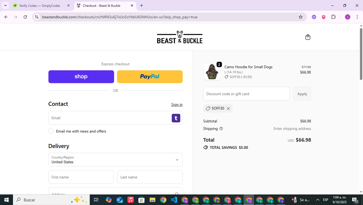 Beast & Buckle promo code screenshot showing code 5OFF30 applied at Beast & Buckle checkout page. Uploaded by SimplyCodes community member RebateAce6764 on Oct 9, 2025