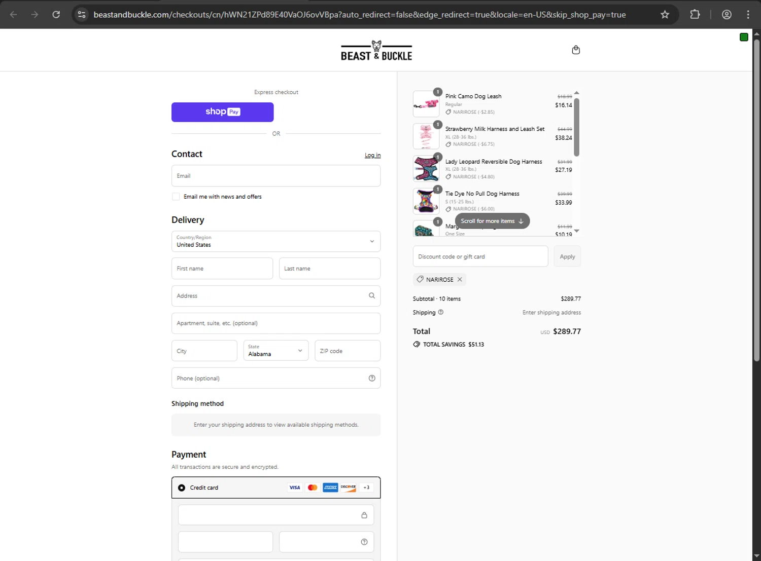 Beast & Buckle promo code screenshot showing code NARIROSE applied at Beast & Buckle checkout page. Uploaded by SimplyCodes community member luffyreturn on Aug 20, 2025