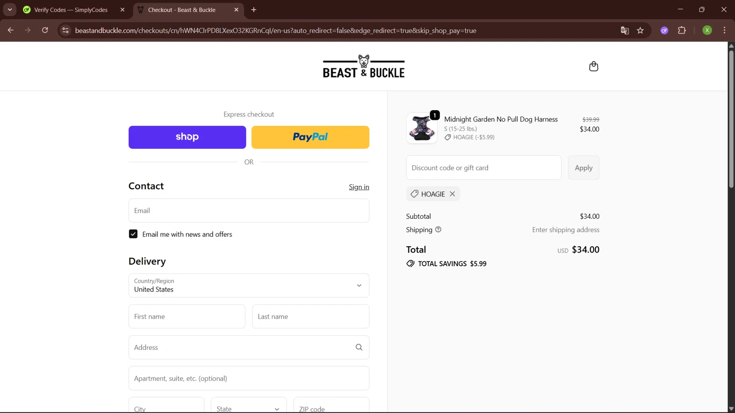 Beast & Buckle promo code screenshot showing code HOAGIE applied at Beast & Buckle checkout page. Uploaded by SimplyCodes community member SaleTiger1087 on Oct 16, 2025