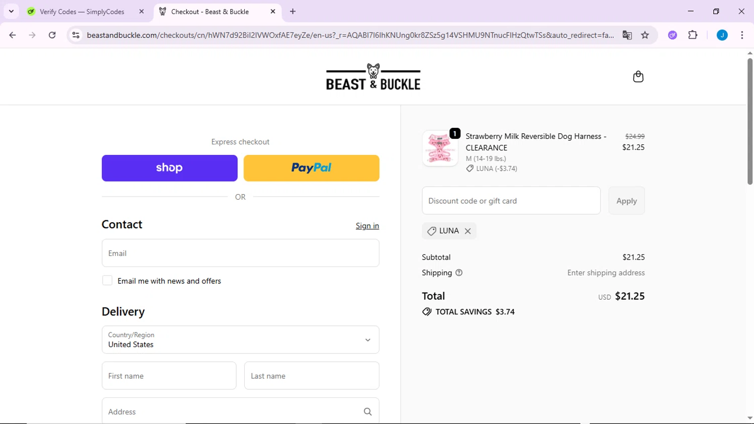 Beast & Buckle promo code screenshot showing code LUNA applied at Beast & Buckle checkout page. Uploaded by SimplyCodes community member CodeLynx3161 on Jan 15, 2026