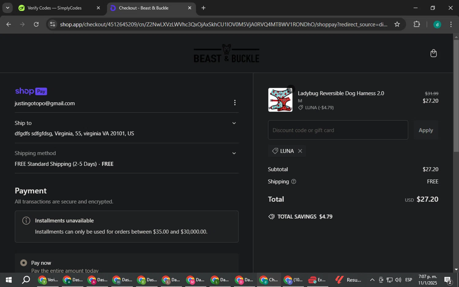 Beast & Buckle promo code screenshot showing code LUNA applied at Beast & Buckle checkout page. Uploaded by SimplyCodes community member HEROESCUDA on Jan 11, 2025